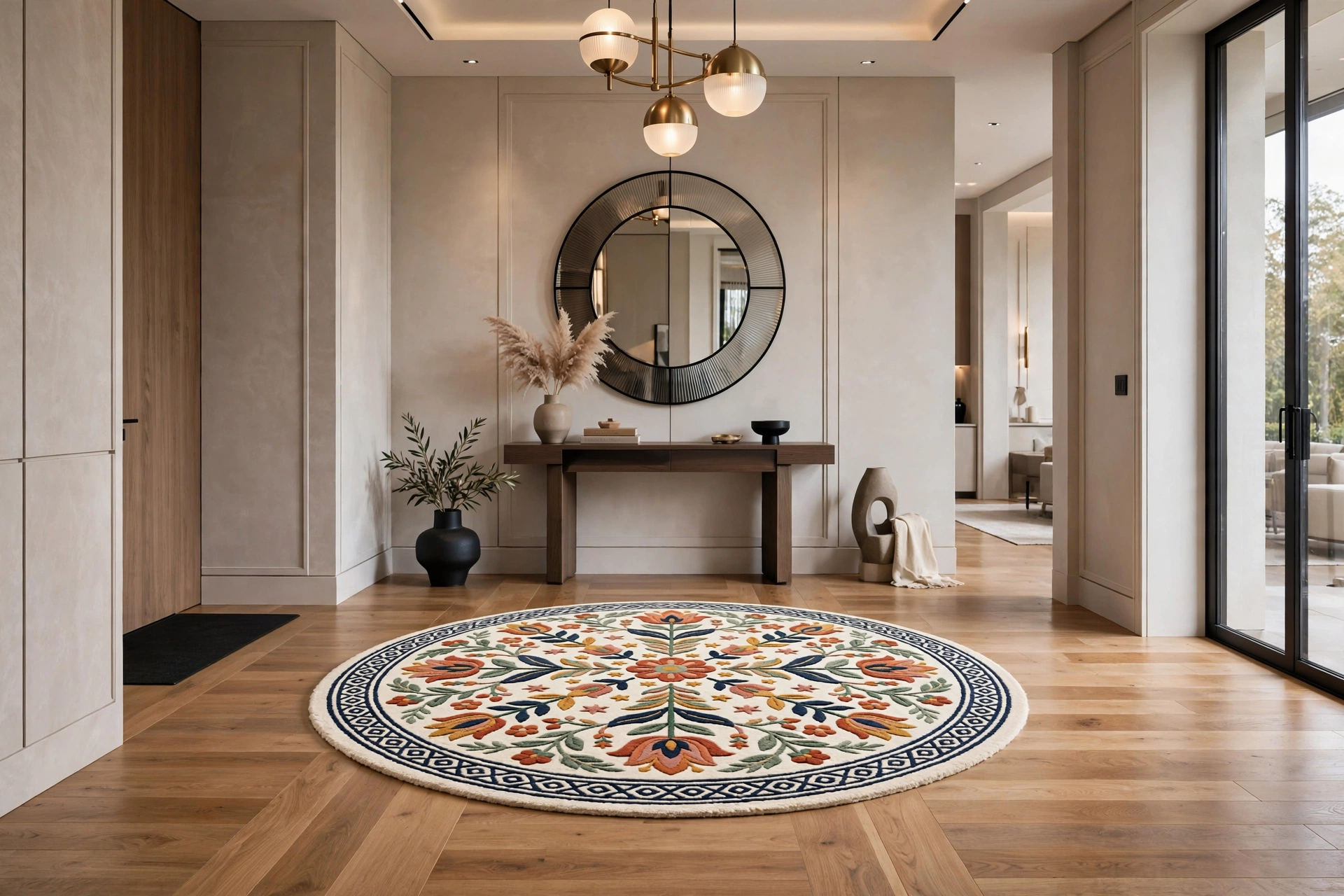 Round Floral Medallion Rug Blue Cream Traditional Decor
